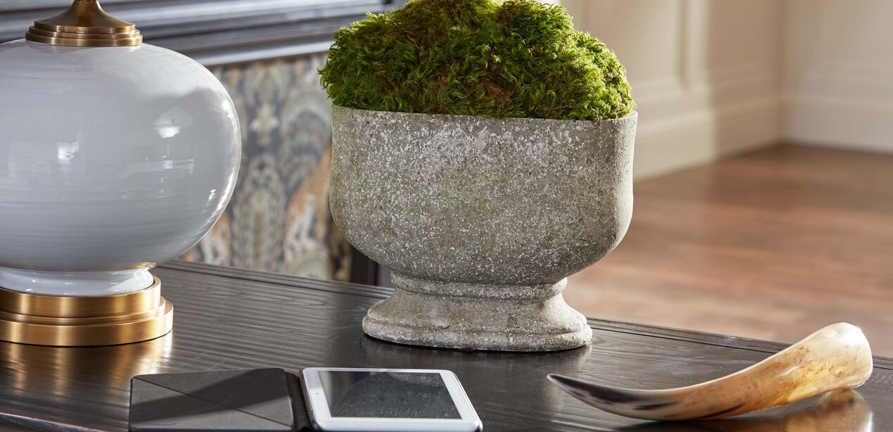 Moss in Oval Stone Planter, Fake Moss, Artisan Cachepot