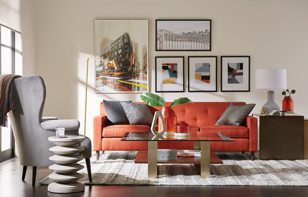 gray orange black living room